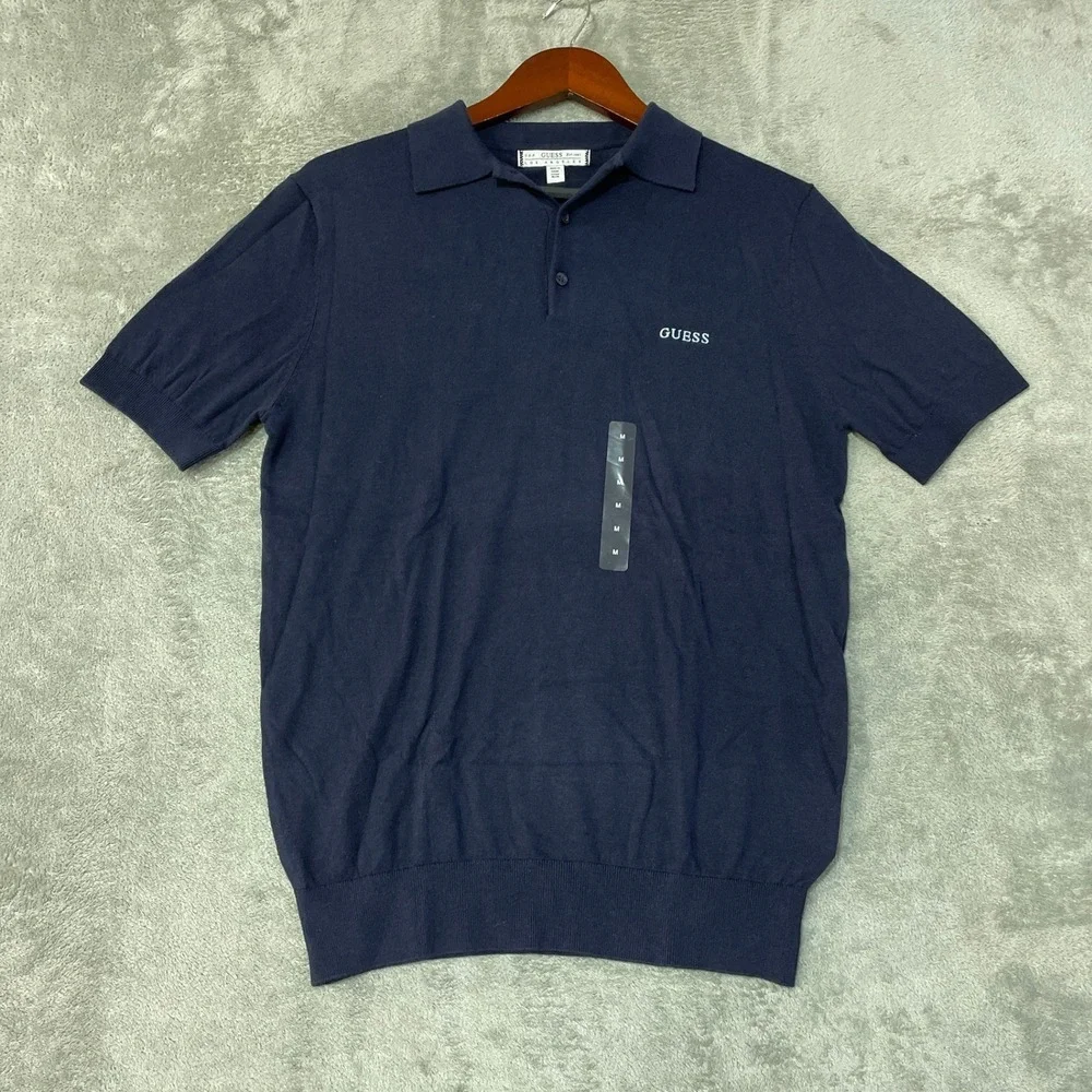 NWT Guess Polo Shirt Mens M Blue Cotton Blend Knit Short Sleeve Sweater